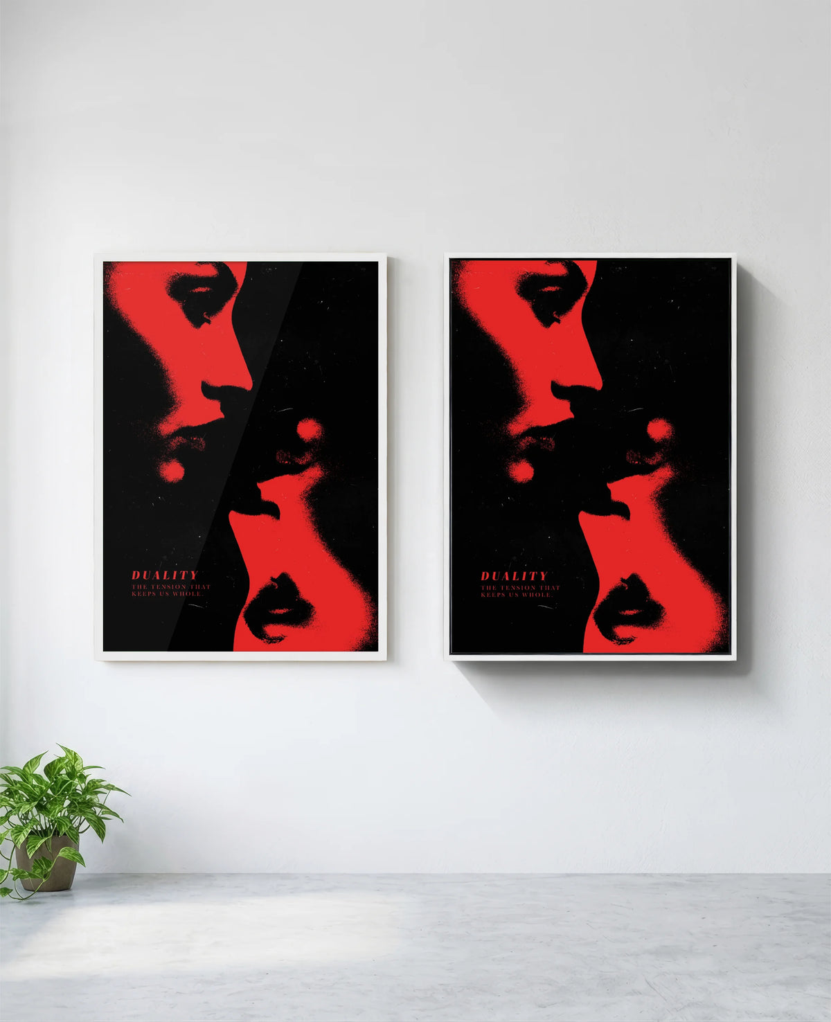 Duality art print in white frame, installed on wall