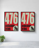 "476" art print in black frame, installed on wall