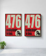 "476" art print in brown frame, installed on wall