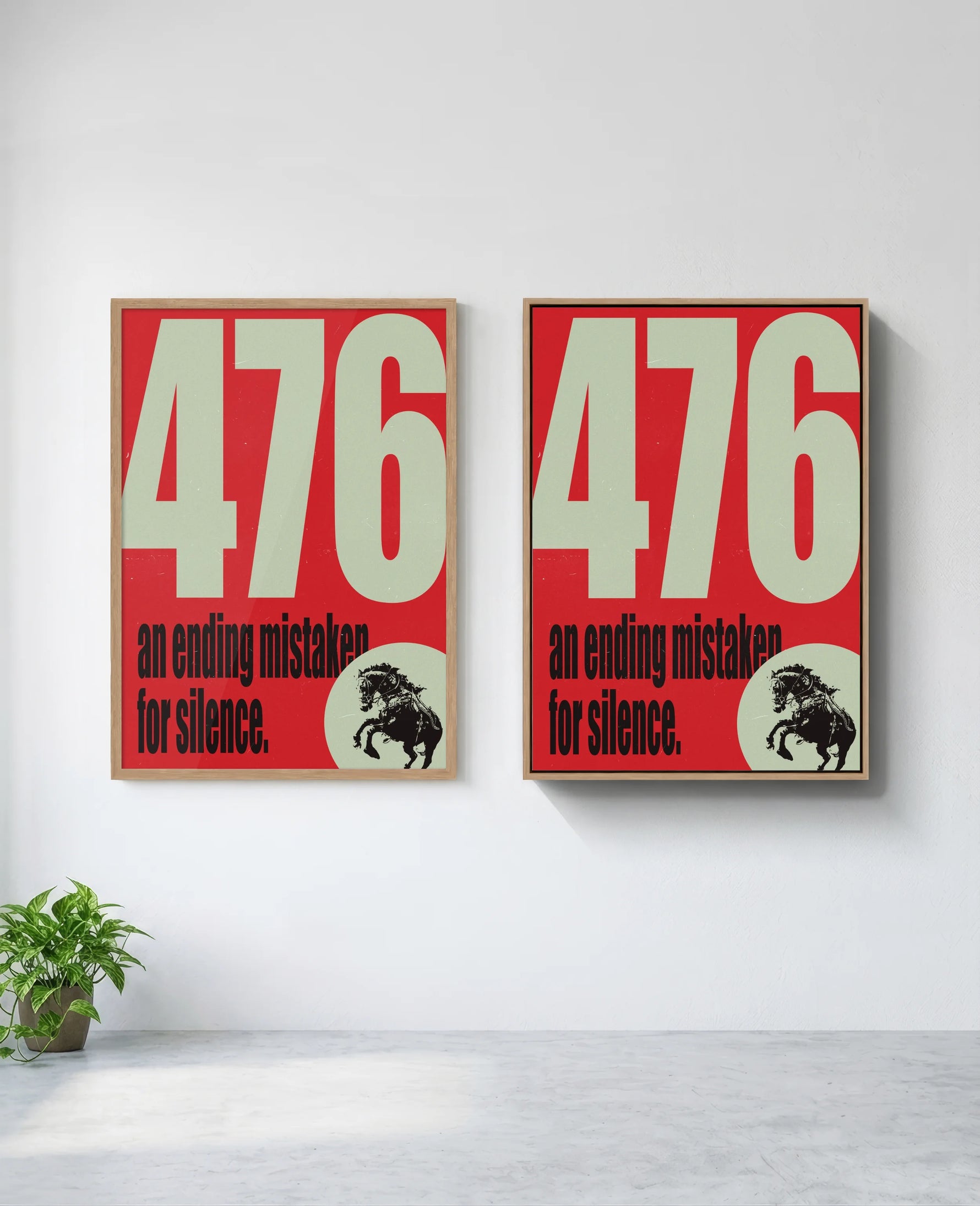 "476" art print in natural-wood frame, installed on wall