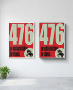 "476" art print in white frame, installed on wall