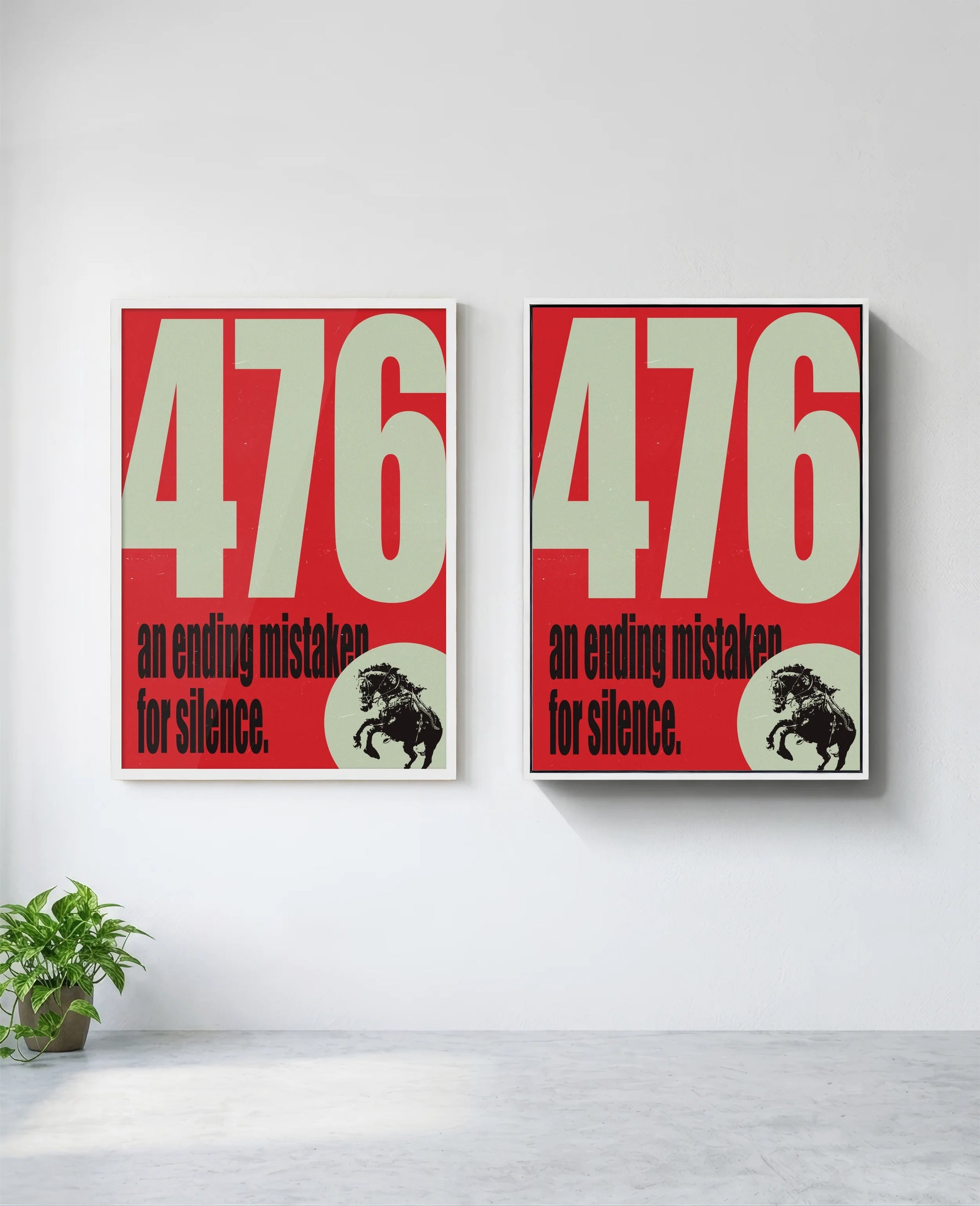 "476" art print in white frame, installed on wall
