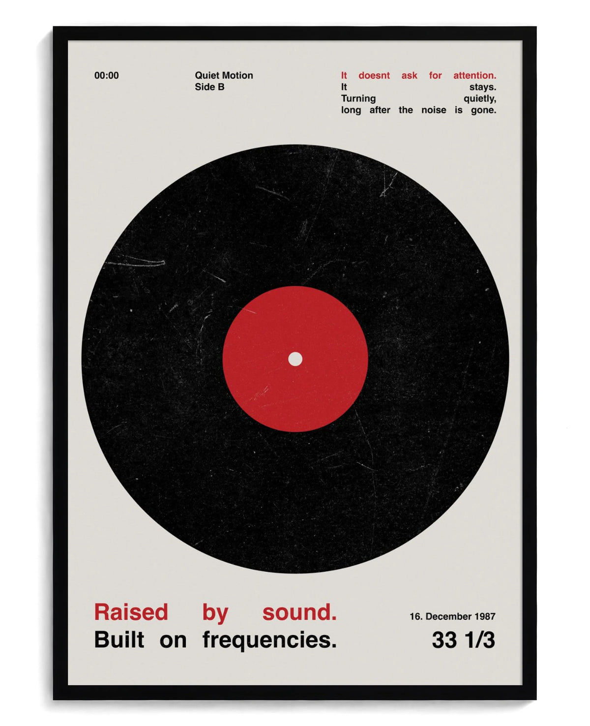 Vinyl art print, framed in black wood with acrylic glazing