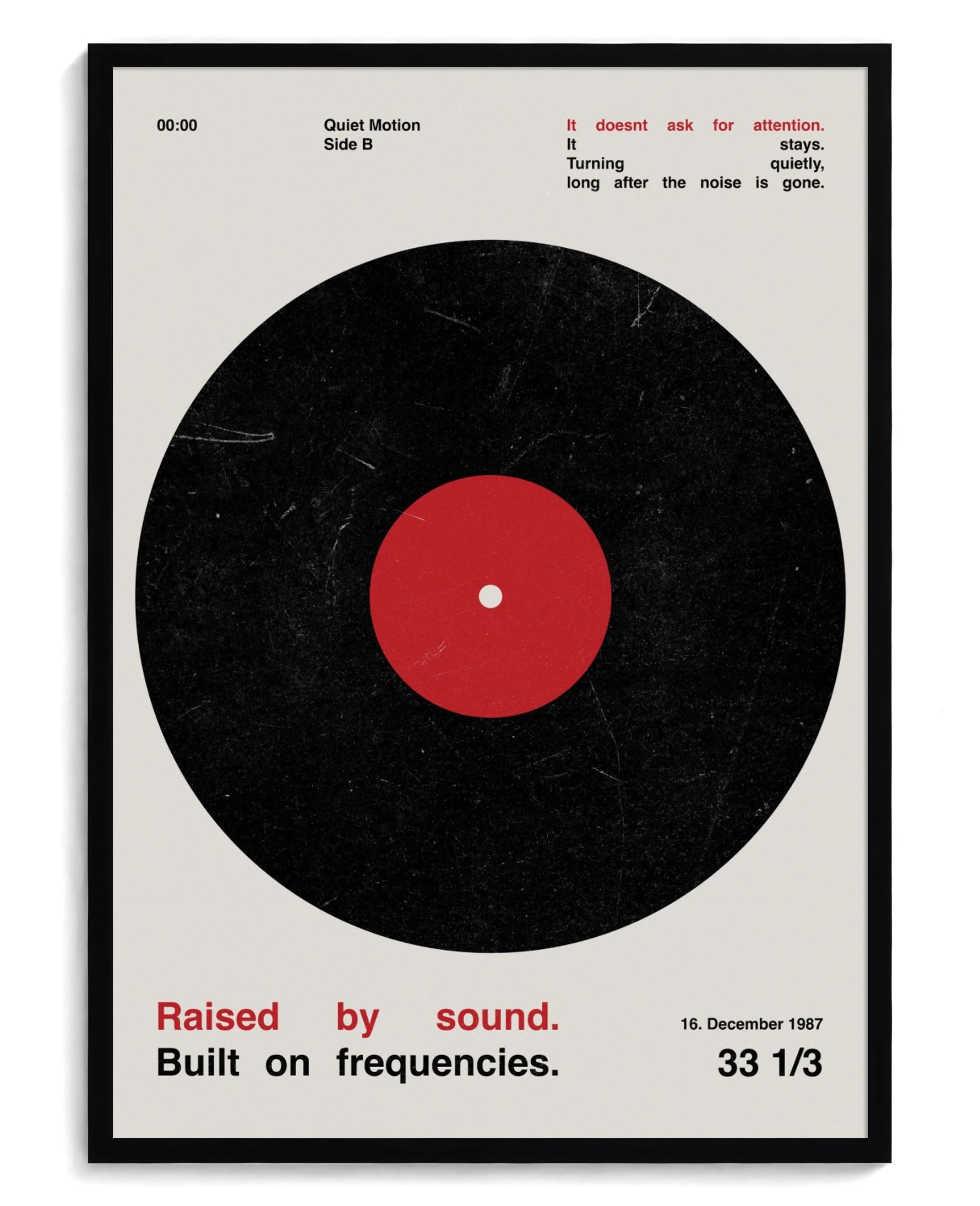 Vinyl art print, framed in black wood with acrylic glazing