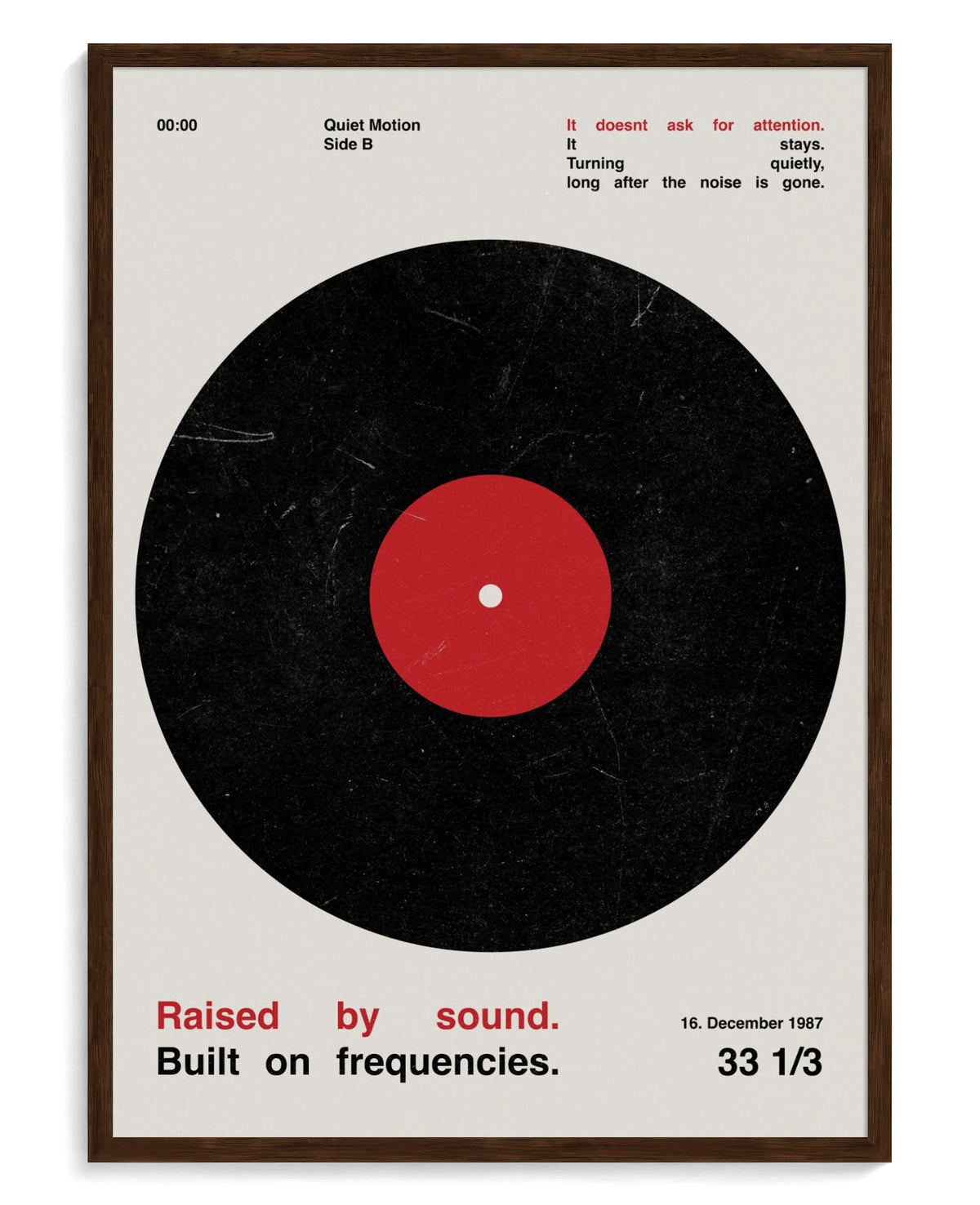 Vinyl art print, framed in brown wood with acrylic glazing