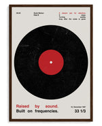 Vinyl art print, framed in brown wood with acrylic glazing