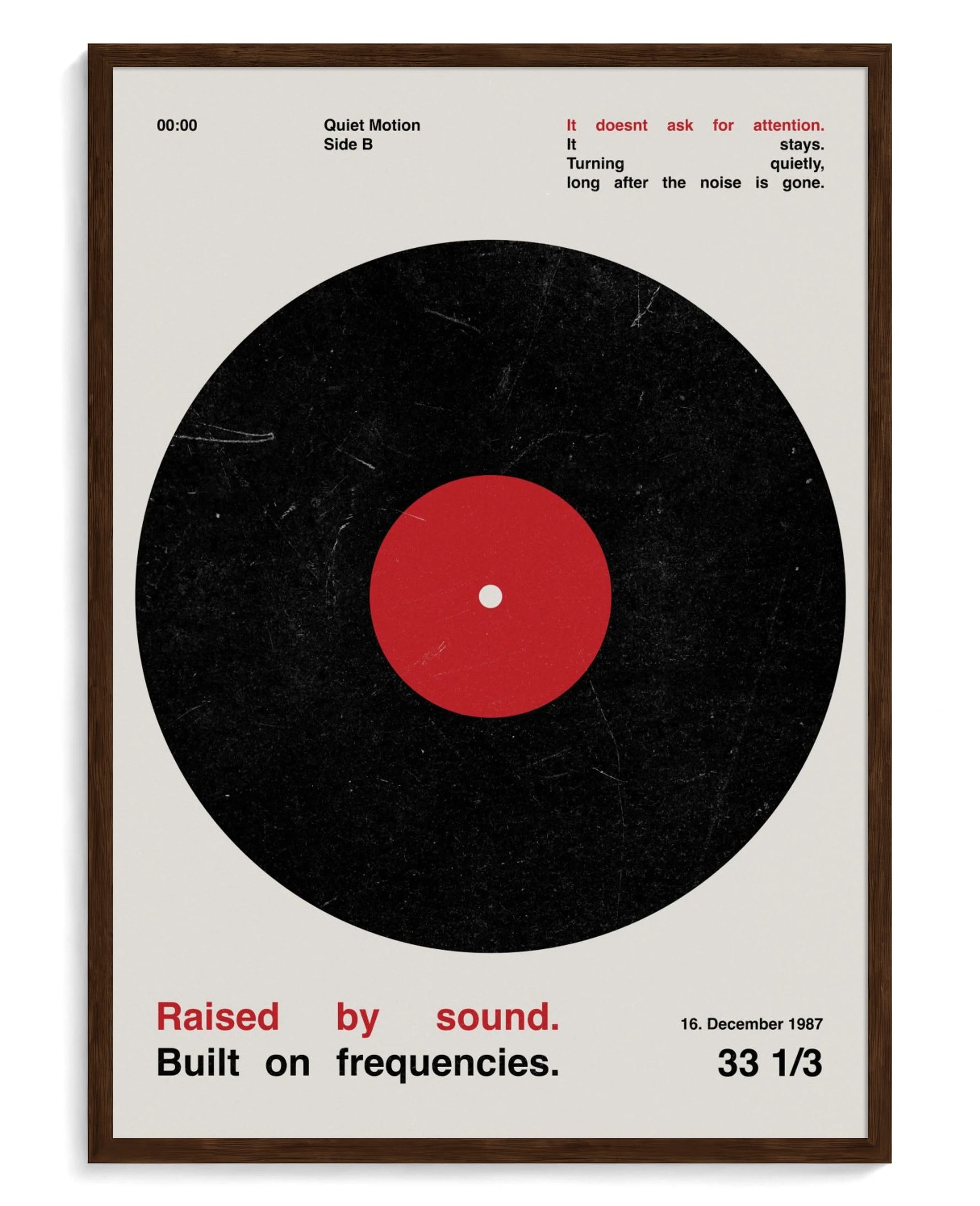 Vinyl art print, framed in brown wood with acrylic glazing