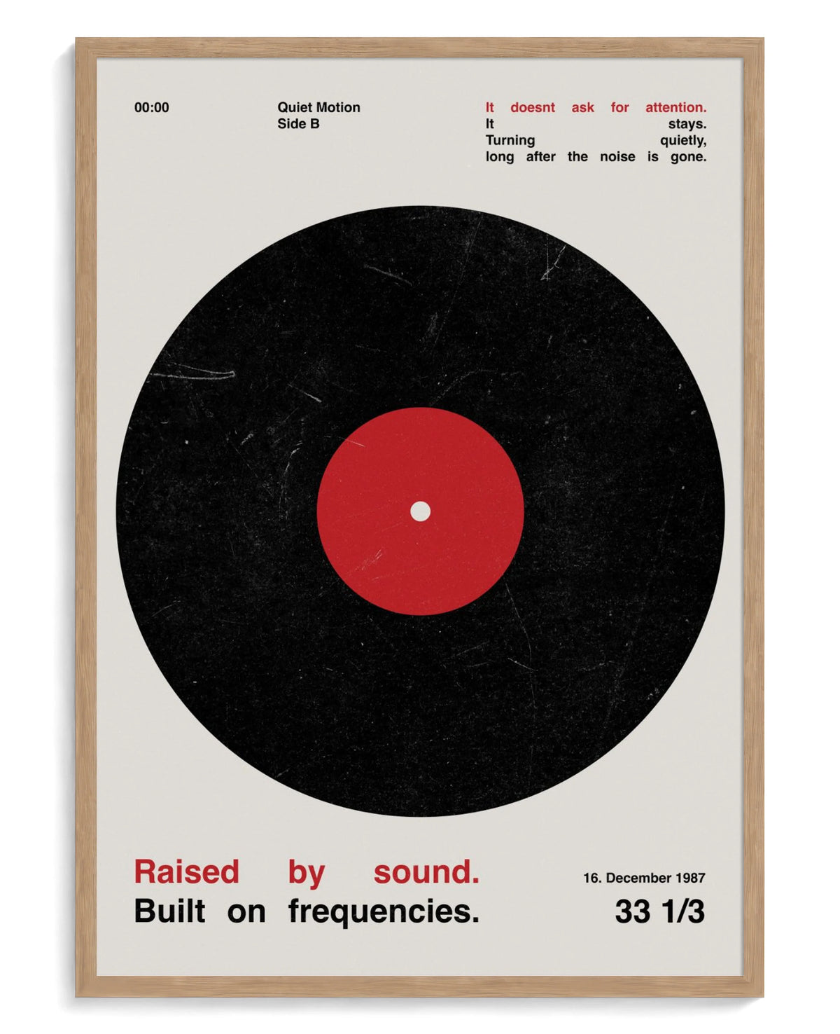 Vinyl art print, framed in natural-wood frame with acrylic glazing