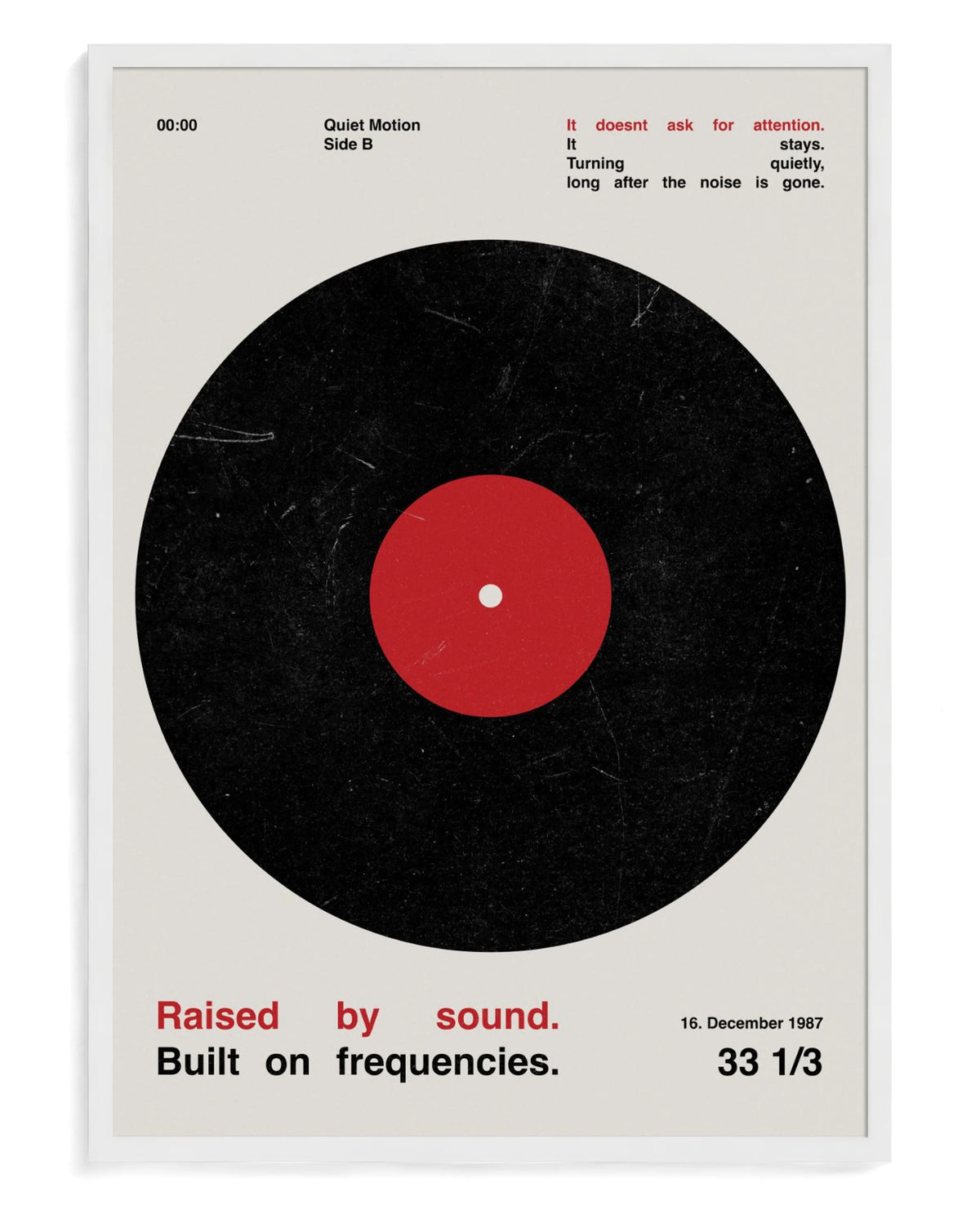 Vinyl art print, framed in white wood with acrylic glazing