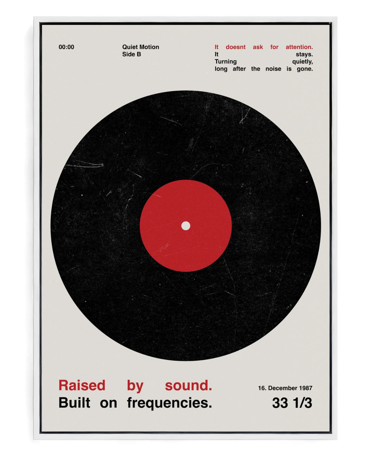 Vinyl on hand-stretched cotton canvas, white floater frame
