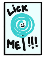 Lick Me art print, framed in black wood with acrylic glazing