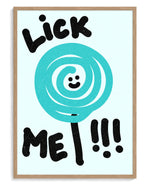 Lick Me art print, framed in natural-wood frame with acrylic glazing