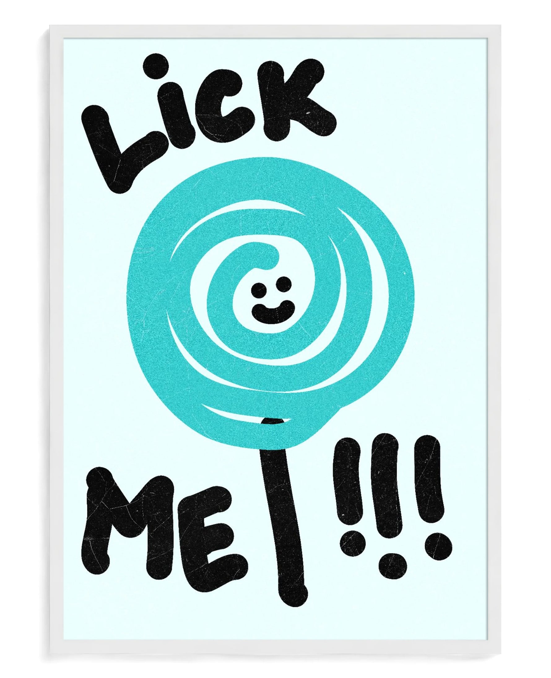 Lick Me art print, framed in white wood with acrylic glazing