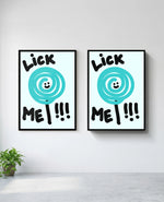 Lick Me art print in black frame, installed on wall