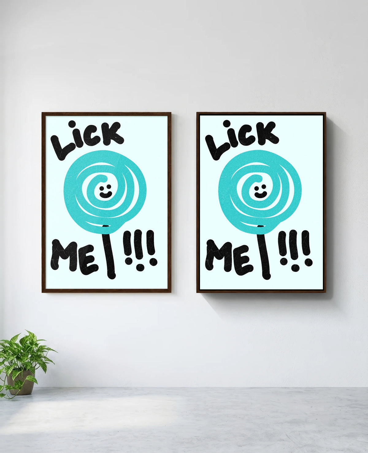 Lick Me art print in brown frame, installed on wall