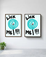 Lick Me art print in brown frame, installed on wall