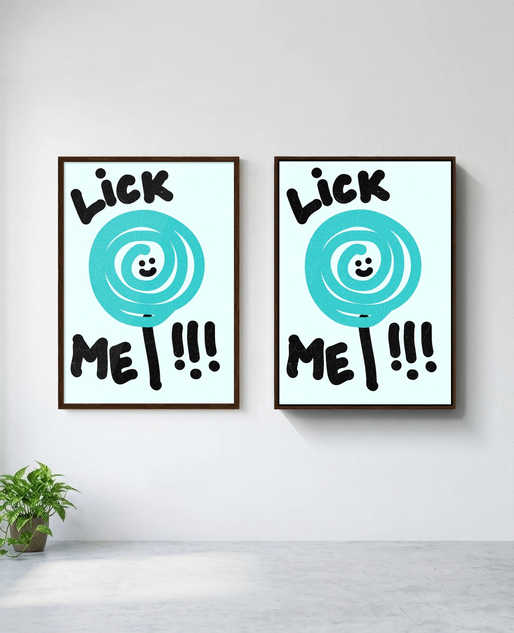 Lick Me art print in brown frame, installed on wall