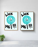 Lick Me art print in natural-wood frame, installed on wall
