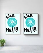 Lick Me art print in white frame, installed on wall