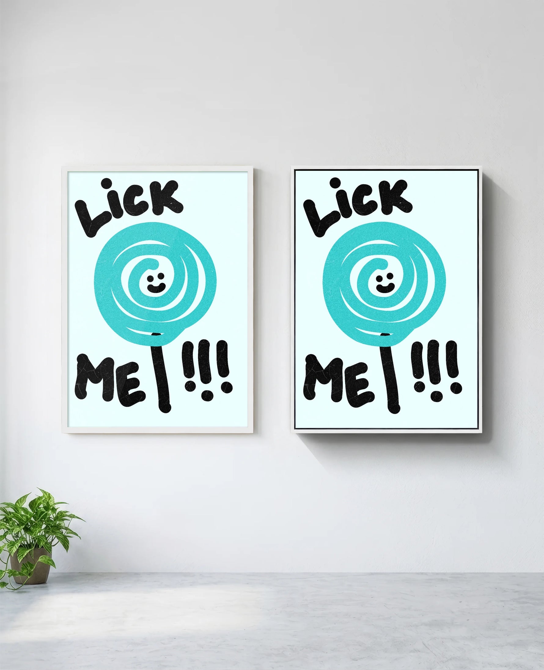 Lick Me art print in white frame, installed on wall