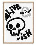 Alive-ish art print, framed in natural-wood frame with acrylic glazing