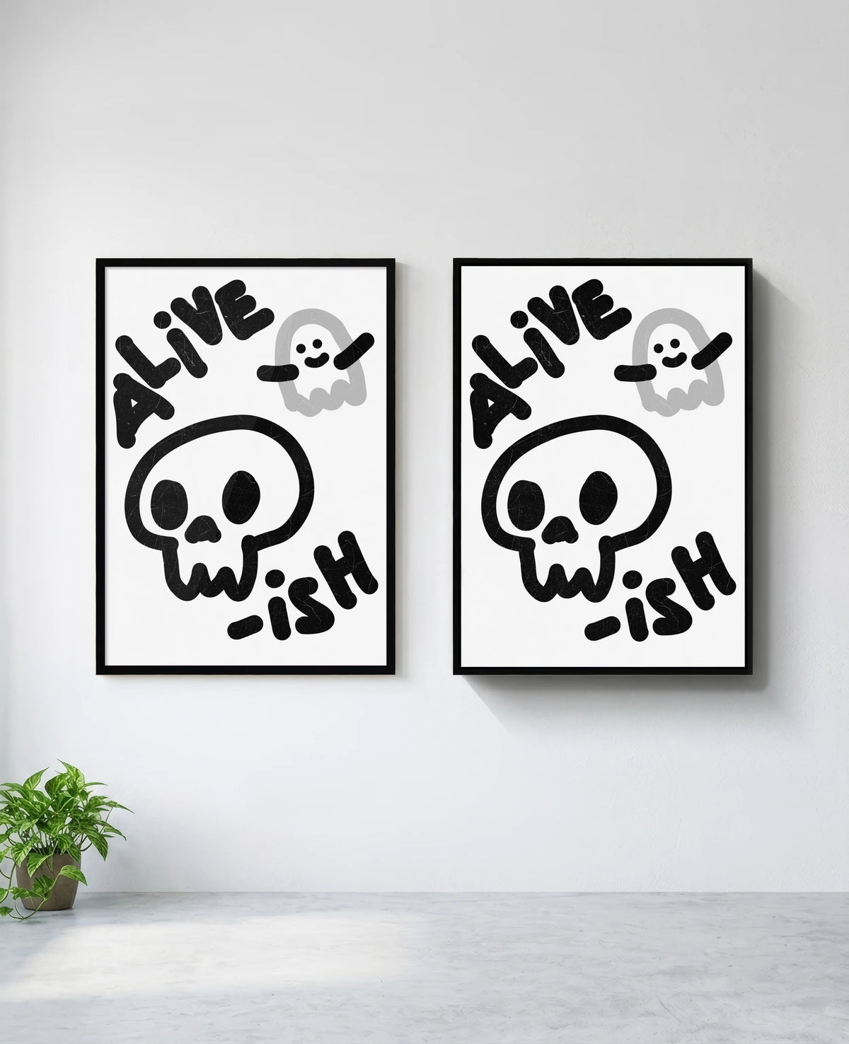 Alive-ish art print in black frame, installed on wall