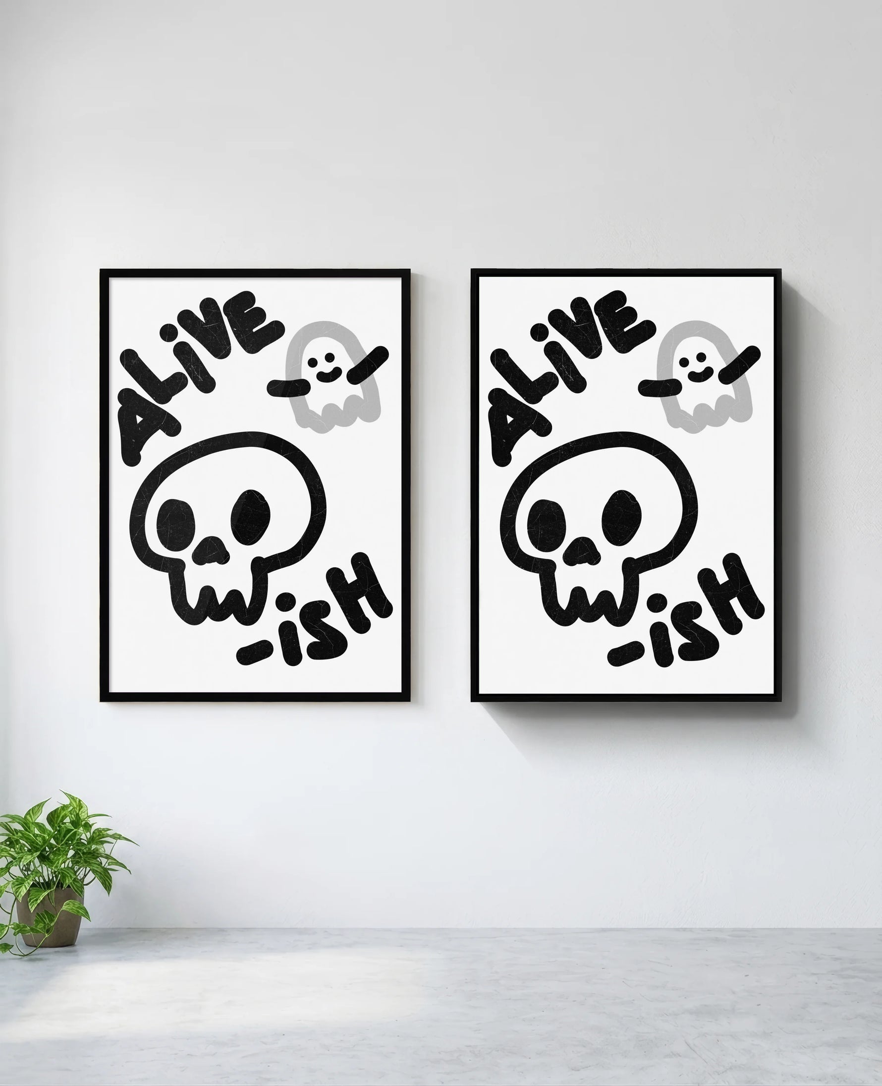 Alive-ish art print in black frame, installed on wall
