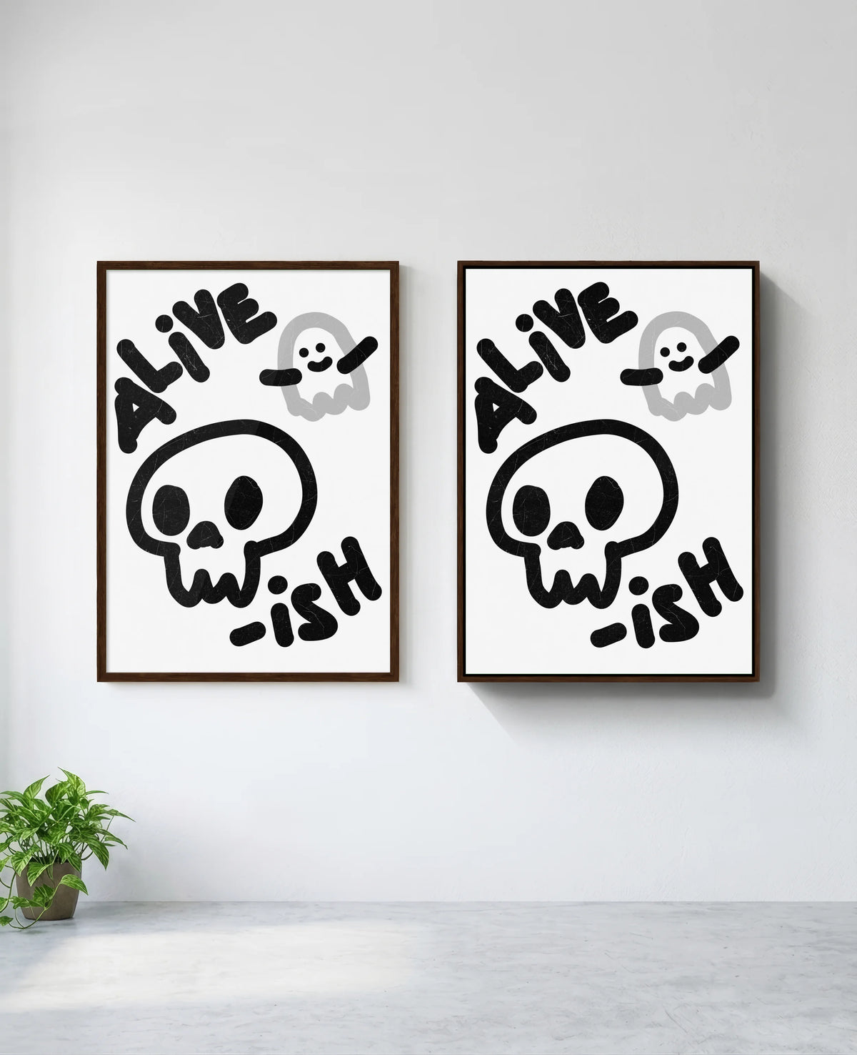 Alive-ish art print in brown frame, installed on wall