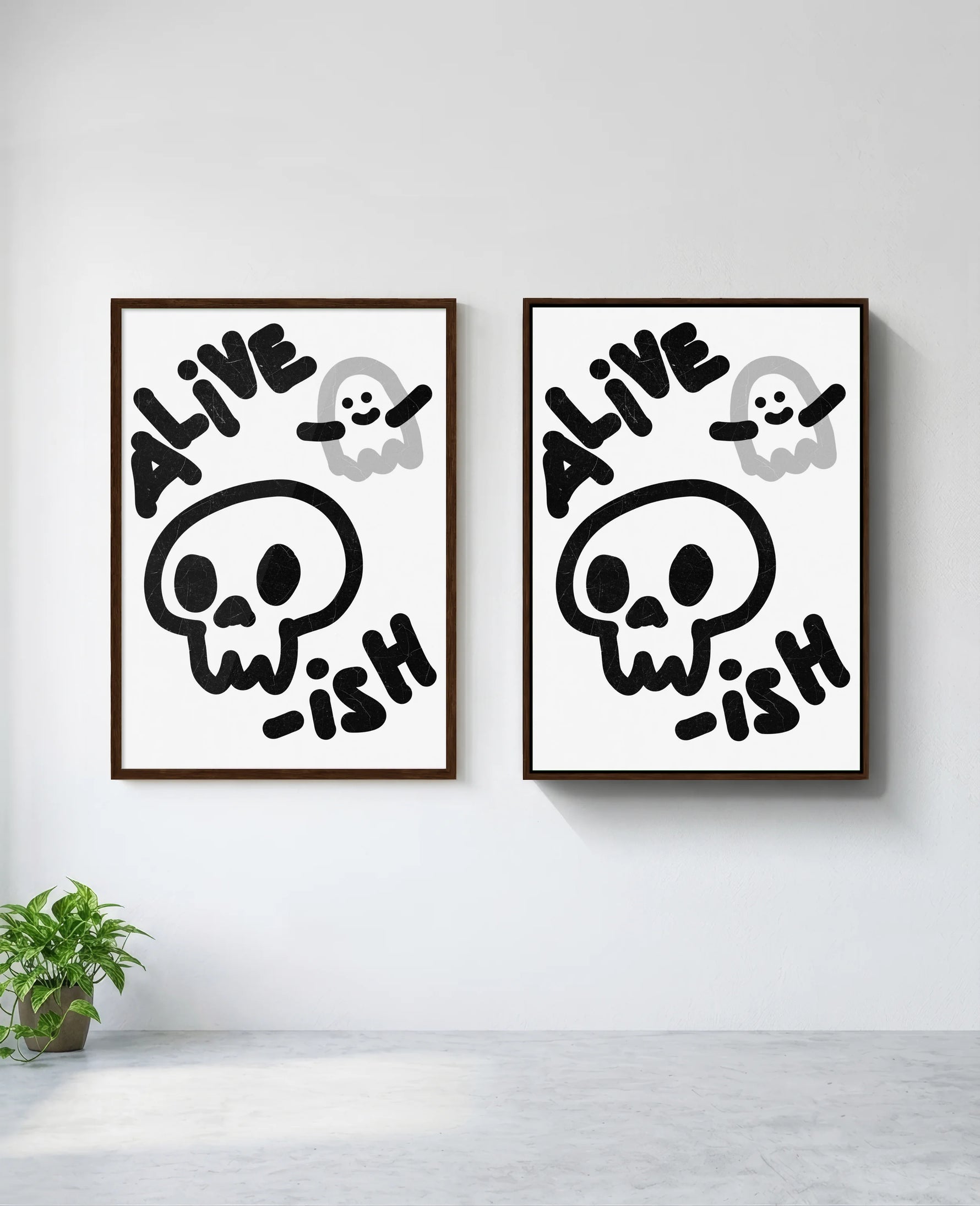 Alive-ish art print in brown frame, installed on wall