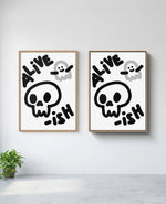Alive-ish art print in natural-wood frame, installed on wall