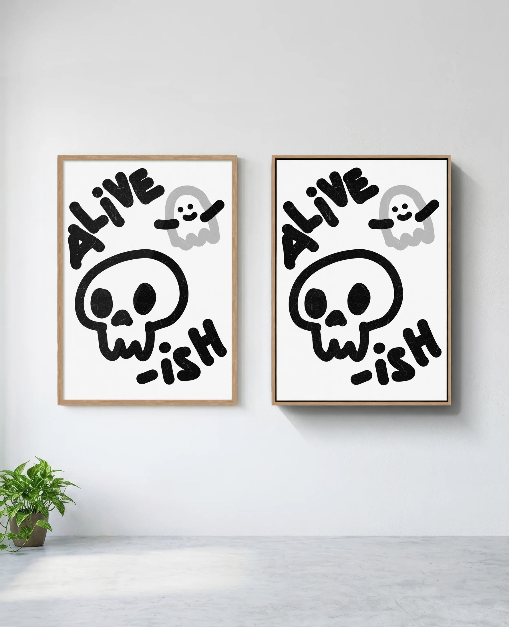 Alive-ish art print in natural-wood frame, installed on wall
