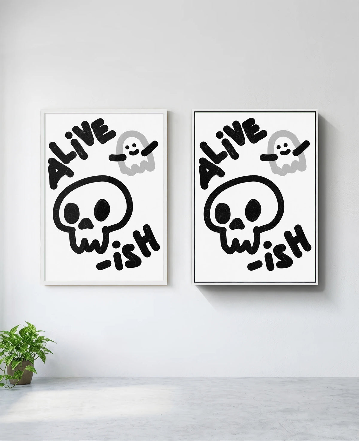 Alive-ish art print in white frame, installed on wall