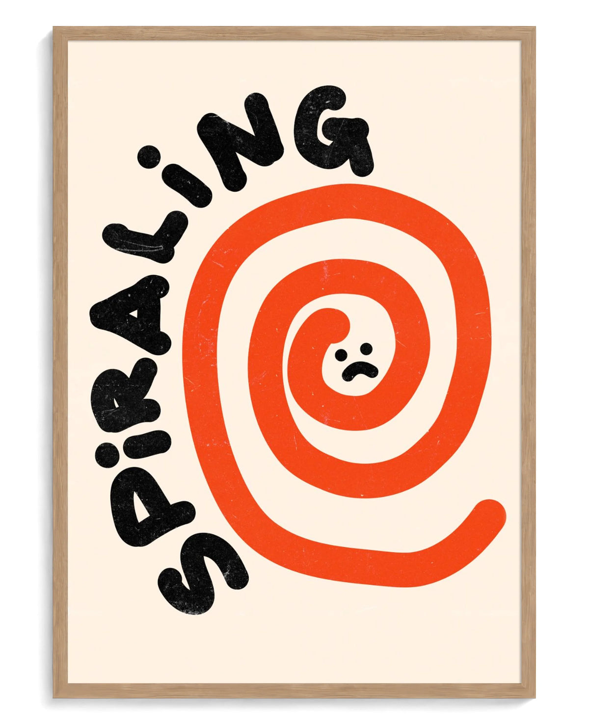 Spiraling art print, framed in natural-wood frame with acrylic glazing