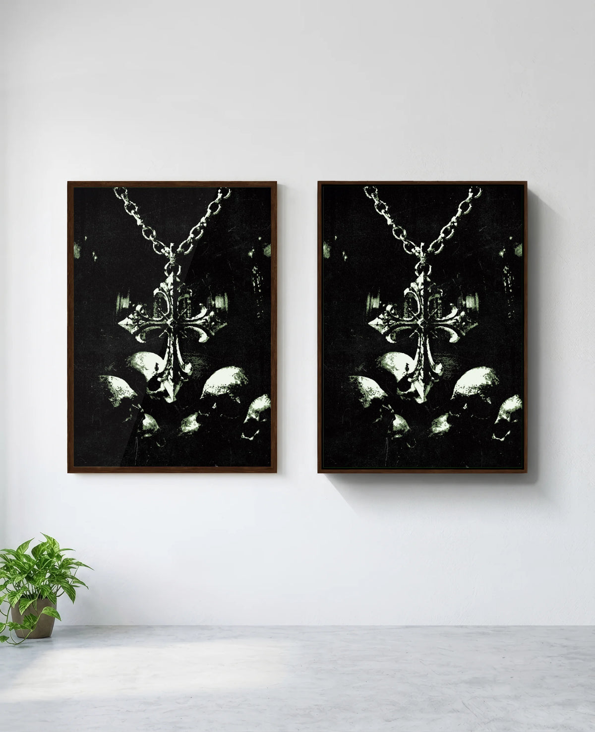 Memento Mori art print in brown frame, installed on wall