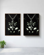 Memento Mori art print in brown frame, installed on wall