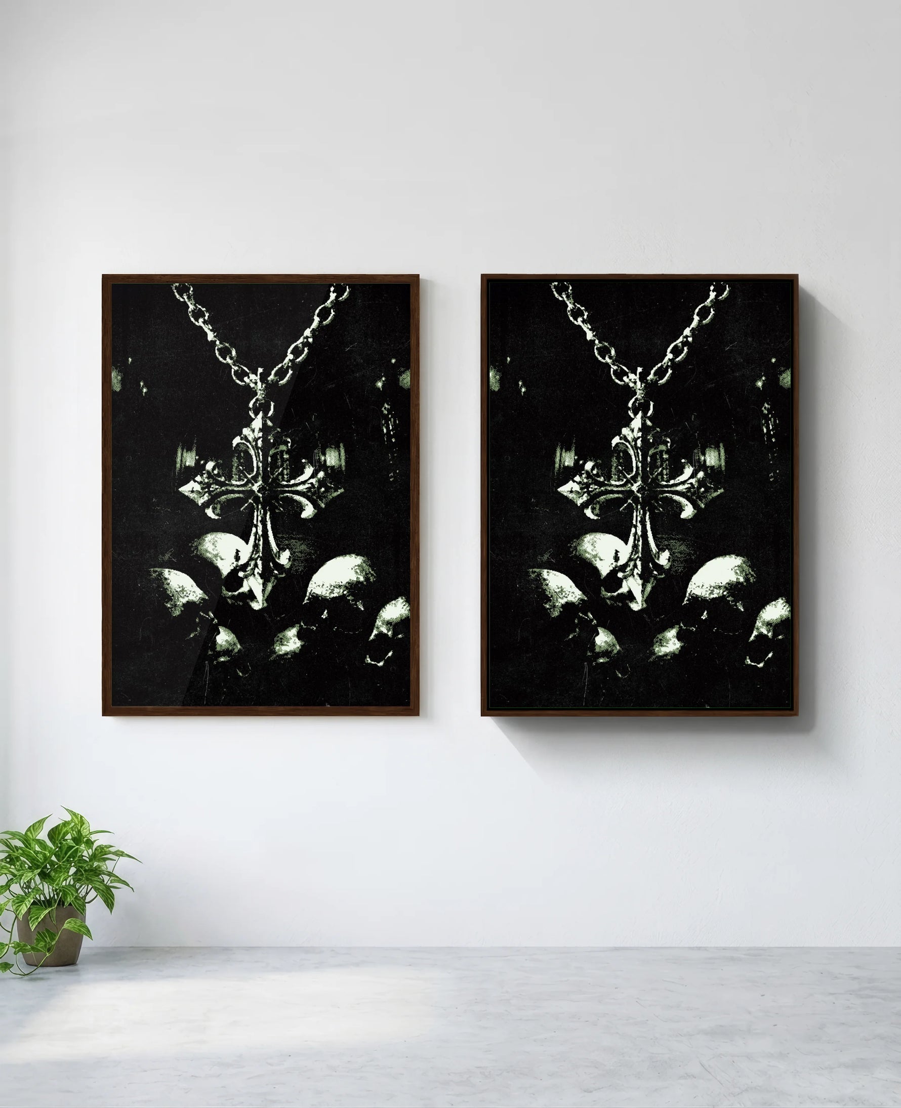 Memento Mori art print in brown frame, installed on wall